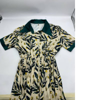 Women's long dress with collar, cream color, leaf pattern 