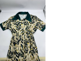 Women's long dress with collar, cream color, leaf pattern 