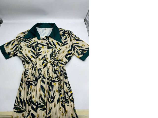 Women's long dress with collar, cream color, leaf pattern Women's long dress with collar, cream color, leaf pattern