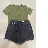 Summer suit: denim shorts and green t shirt Summer suit: denim shorts and green t shirt