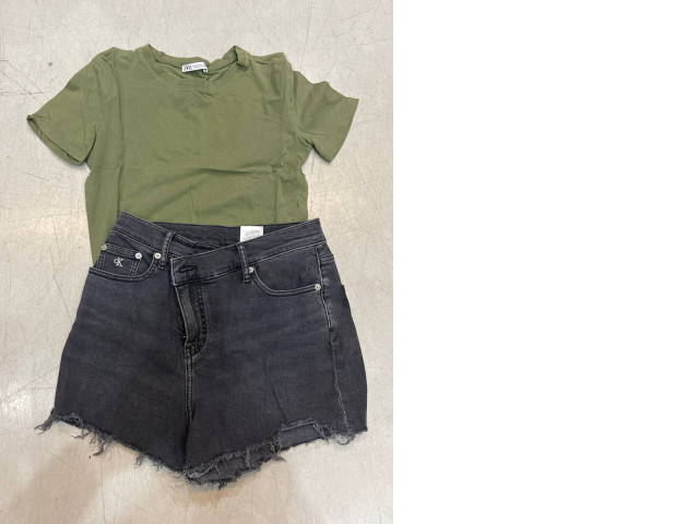 Summer suit: denim shorts and green t shirt Summer suit: denim shorts and green t shirt