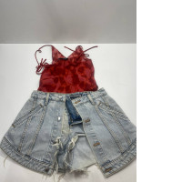 Beach girl's suit: swimming top and denim skirt