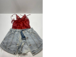 Beach girl's suit: swimming top and denim skirt