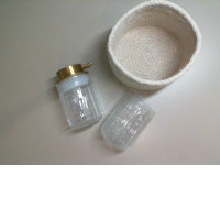 Set of 3 for the bathroom, 1 empty glass jar for liquid soap, 1 glass for toothbrushes, 1 knitted basket