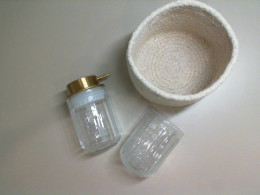 Set of 3 for the bathroom, 1 empty glass jar for liquid soap, 1 glass for toothbrushes, 1 knitted basket
