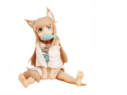 Set of 2  Yellow Color Resin Figure Of Girl Sitting And Eating Fish, Anime Model Decoration