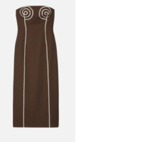 Long dress, strapless, fitted style, decorated with curved lines