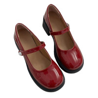  Women's Retro Round Toe Leather Shoes Pearl Shallow High Heels