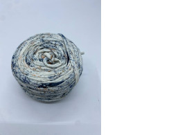 Crochet tape yarn, white with blue pattern 