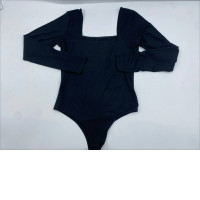 Women's Black Two-Layer Long Sleeve Square Neck Bodysuit