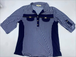 Blue long-sleeved shirt with black stripes
