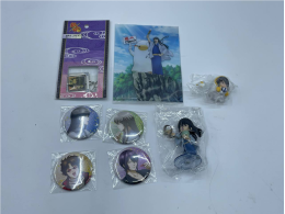 Gintama set, of 4 badges, 2 coin size figures, 1 keychain and 1 card