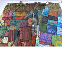 Set of 5 Aladdin pants with bell-bottoms, handwoven green and brown fabric 