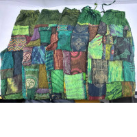 Set of 5 Aladdin pants with bell-bottoms, handwoven in dark green tones 