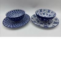 Set of 2 Glasses, teacups and saucers
