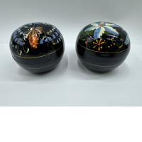 Set of 2 Black wooden round jar with pattern