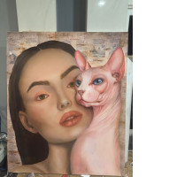 Handmade picture woman and cat