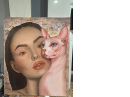 Handmade picture woman and cat