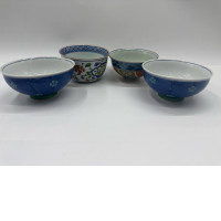 Set of 4 Glass, Japanese style glass bowl with white and blue stripes pattern