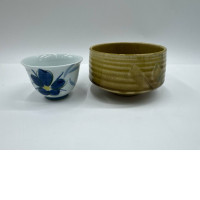 Set of 2 Antique Japanese glazed tea ceremony tea cups and tea glasses 
