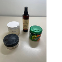 four piece shower set, hair mask, body oil, body scrub, body powder