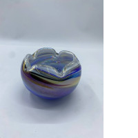 Vtg Blue Art Glass Round Bowl Multicolor Swirl Rolled