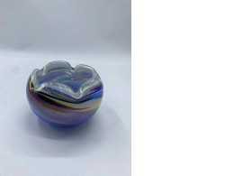 Vtg Blue Art Glass Round Bowl Multicolor Swirl Rolled