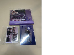 Set of acrylic figures of cartoon characters, acrylic photo card, two keychains