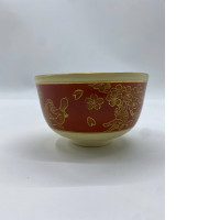 Japanese Matcha Glass Bowl - Red and Gold Vintage Floral Pattern Kyo Chawan