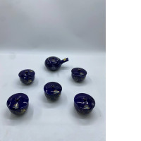 Set of 6  Vintage Blue Teapot Glass Vintage Blue and Gold Teacup Glass