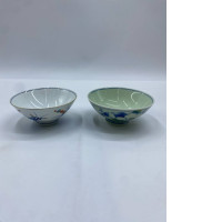 Set of 2 Vintage Japanese style green and blue flower pattern rice bowl glass
