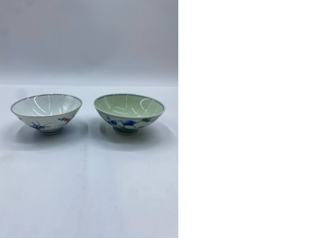 Set of 2 Vintage Japanese style green and blue flower pattern rice bowl glass Set of 2 Vintage Japanese style green and blue flower pattern rice bowl glass