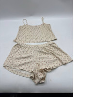 Set of 2 Women's cream-colored one-shoulder nightdress and shorts