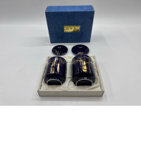 Set of 2 Glas, Japans theeglas met blauw deksel en goudpatroon