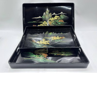 Set of 3 Black food tray with mountain pattern 