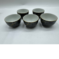 Set of 5 Glass, black Japanese tea glass, flower pattern 