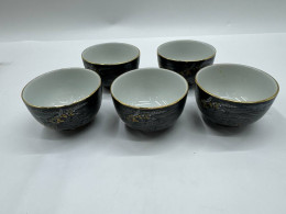 Set of 5 Glass, black Japanese tea glass, flower pattern 