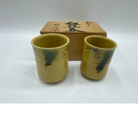 Set of 2 Glass, tall Japanese tea glass, light brown, black pattern in a wooden box