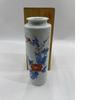 Glass Tall white glass vase with blue flower pattern in wooden box 