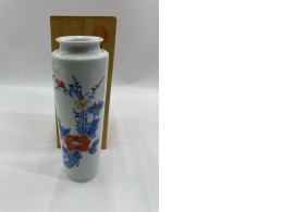 Glass Tall white glass vase with blue flower pattern in wooden box 