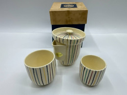 Set of 3 Glass, tall hot tea glass and Japanese hot teapot, creamy white in a wooden box