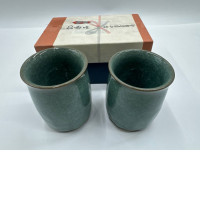 Set of 2 Glass, tall Japanese hot tea glass, black, in a wooden box 