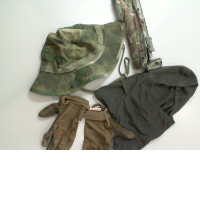 Travel set: Panama hat, gloves, helmet mask, and belt