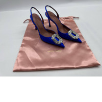 Women's blue high heels with beaded decorations