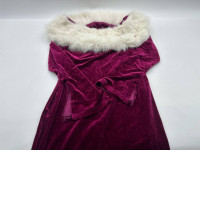 Purple off-shoulder long dress with white faux fur 