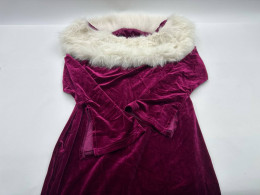 Purple off-shoulder long dress with white faux fur 