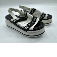 Women's black platform sandals with white stripes 