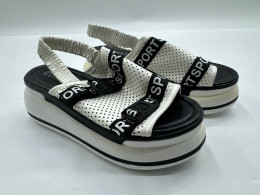 Women's black platform sandals with white stripes 