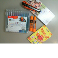A craft kit, 2 sets of felt-tip pens, watercolor paints, a paper knife, and 2 paper glues.