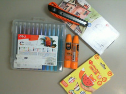 A craft kit, 2 sets of felt-tip pens, watercolor paints, a paper knife, and 2 paper glues.